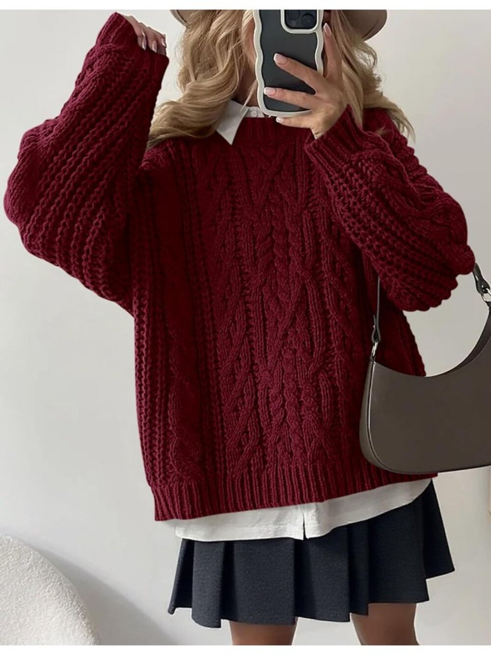 Women's Burgundy Cozy Long Sleeve Loose Fitting Classic Crew Neck Fall Sweaters - Picture 3 of 6
